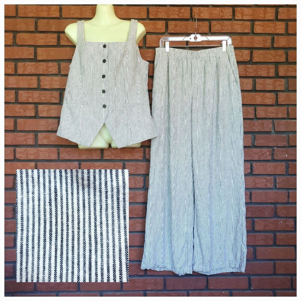 Striped Vest & Pants Set Womens M 8-10 Linen Blend High Rise Wide Leg Cream